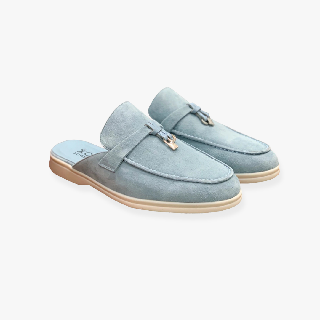 Women's slip-on backless mules with front buckle accent, minimalist summer style for everyday comfort