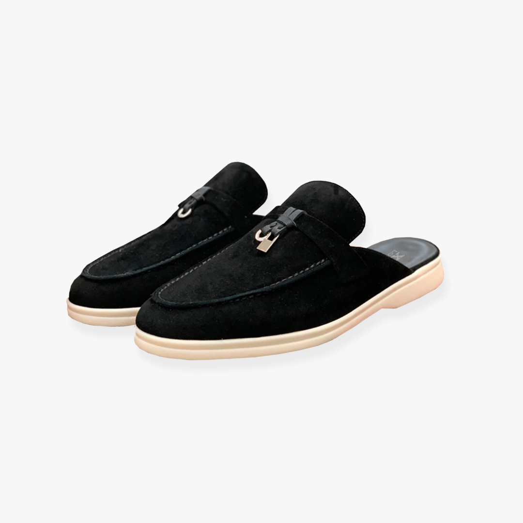 Women's slip-on backless mules with front buckle accent, effortless summer comfort minimalist style