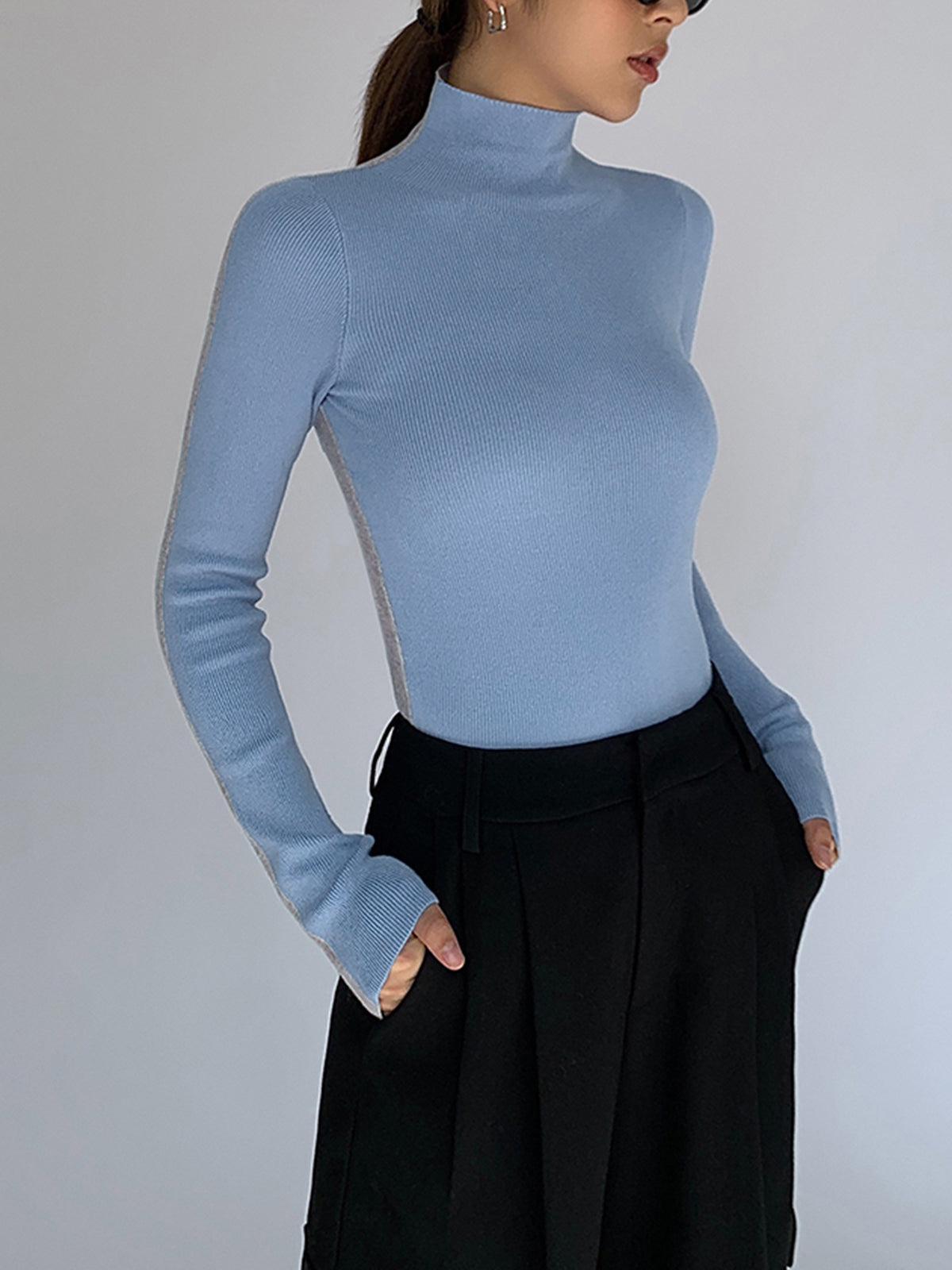 Women's two-tone reversible knit top long sleeve soft viscose blend casual everyday fashion