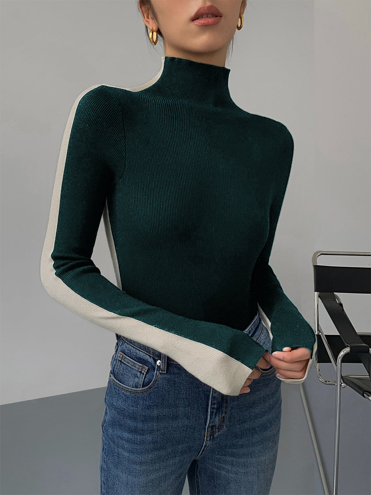 Women's two-tone reversible knit top long sleeve soft viscose blend casual everyday wear dual-sided design