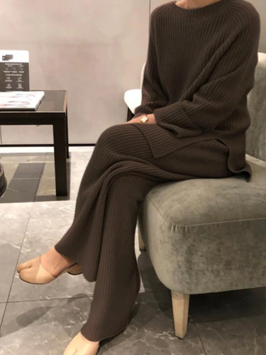 Women's soft rib knit set loose sweater straight pants relaxed elegant two-piece outfit