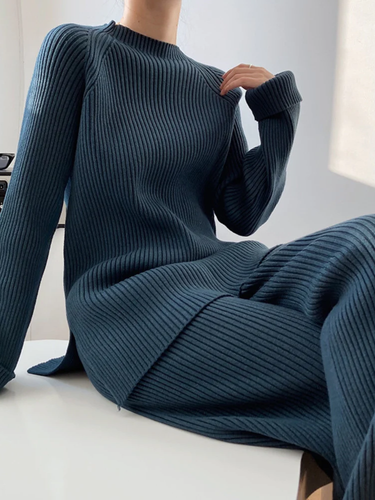 Women's soft rib knit matching set loose sweater straight pants relaxed elegant two-piece outfit