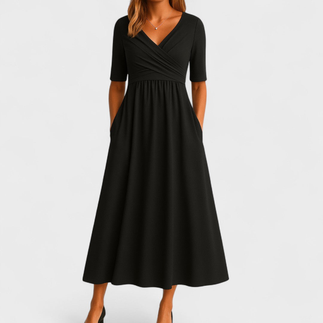 Women's wrap midi dress V-neck ruched waist elbow sleeves with pockets everyday elegance