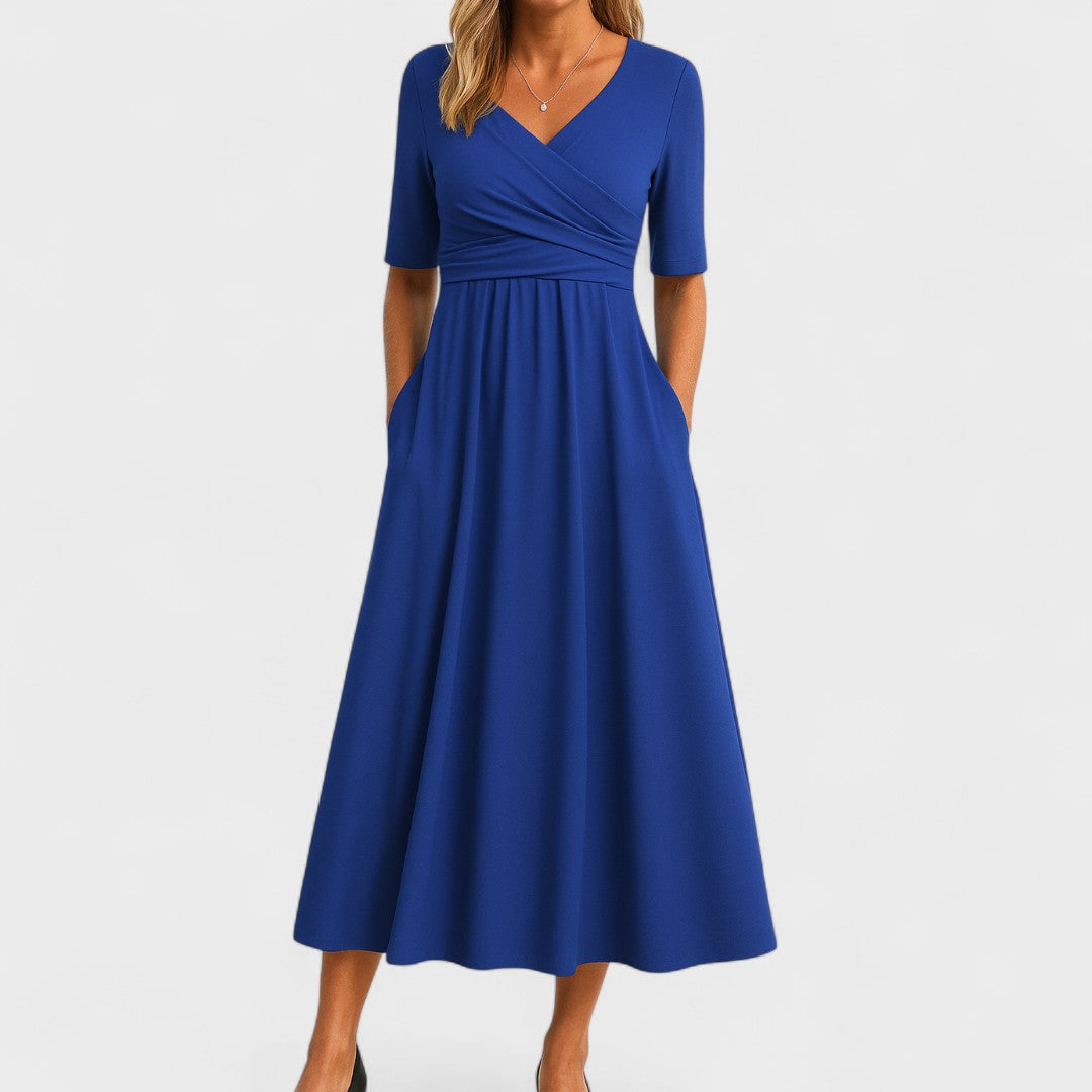 Women's wrap midi dress V-neck ruched waist elbow sleeves with pockets everyday elegant silhouette