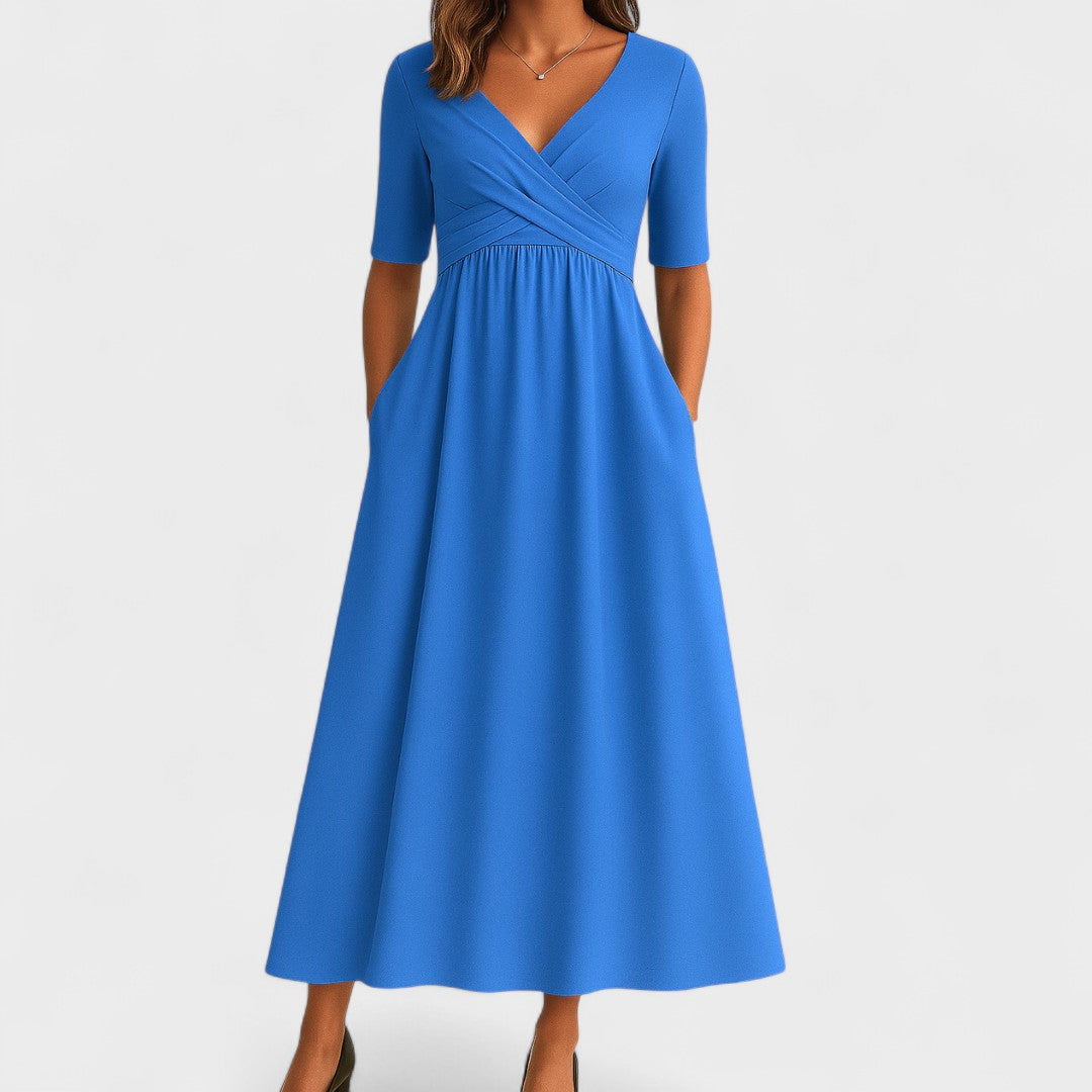 Women's wrap midi dress V-neck ruched waist elbow sleeves with pockets everyday elegance