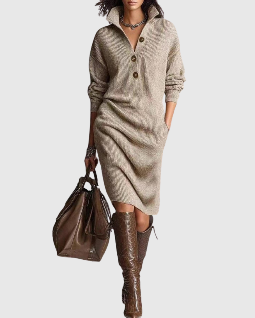 Women's ribbed knit midi dress with button neckline, long sleeves, cozy winter style