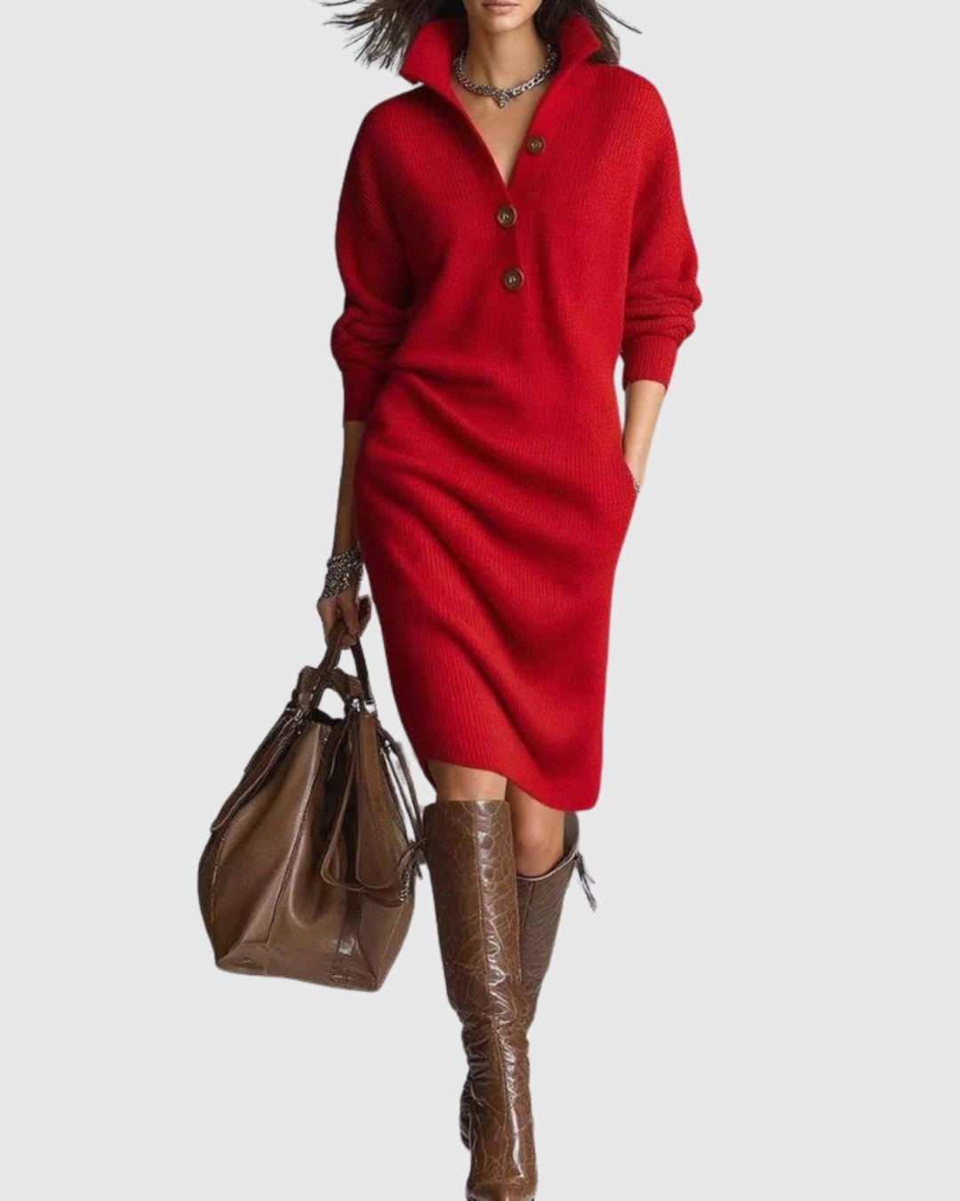 Women's ribbed knit midi dress with button neckline, long sleeves, cozy winter style