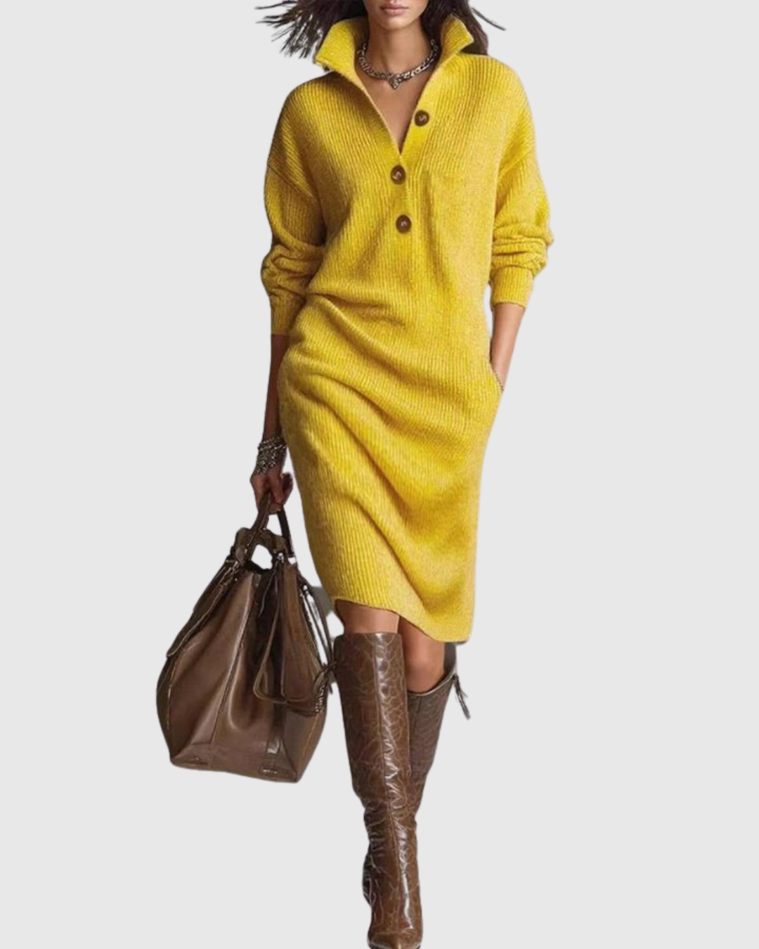 Women's ribbed knit midi dress cozy winter long sleeve style with button neckline detail