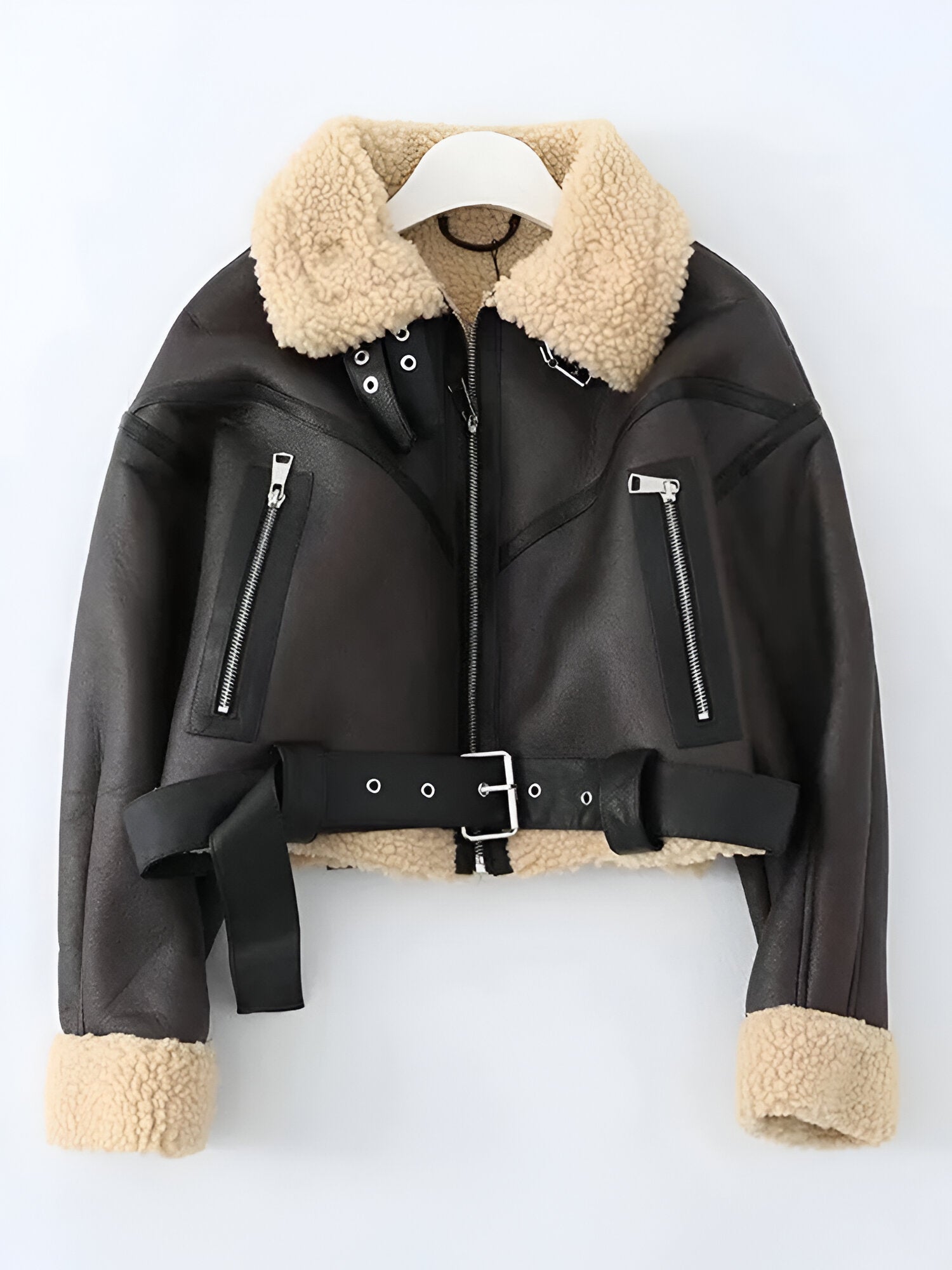 Women's black faux leather winter jacket with belt waist definition, streetwear city style