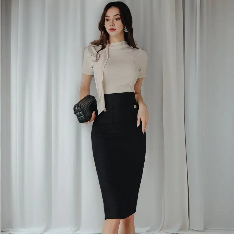 Women's knit two-piece top and skirt set elegant polished spring summer office look