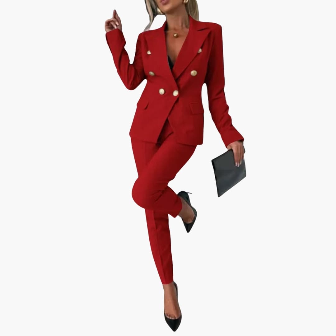 Women's slim-fit professional suit blazer with notched lapel, metallic buttons, and straight-cut pants