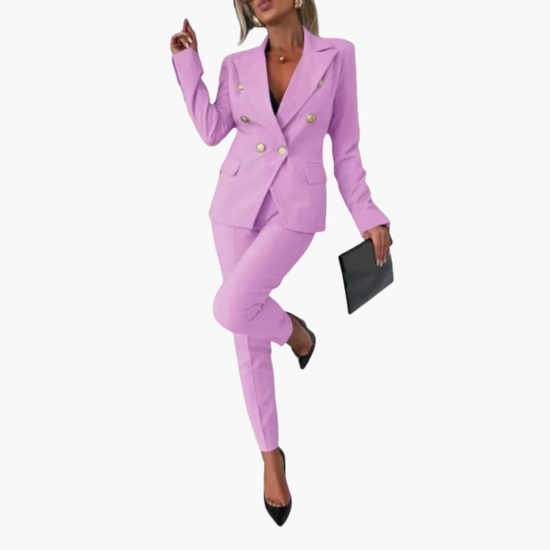 Women's slim-fit professional suit blazer and pants set with notched lapel and metallic buttons