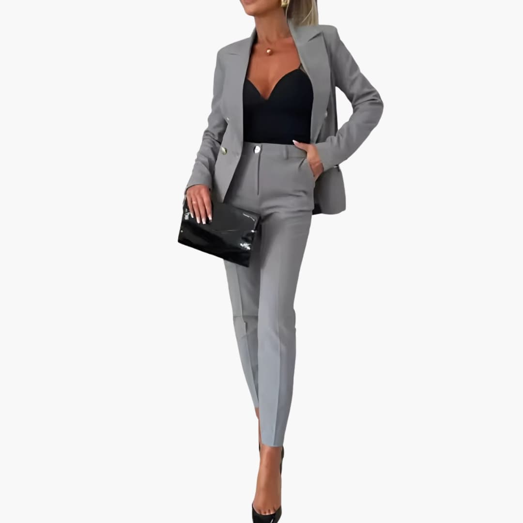 Women's slim straight-leg suit set with structured notched lapel blazer and metallic buttons