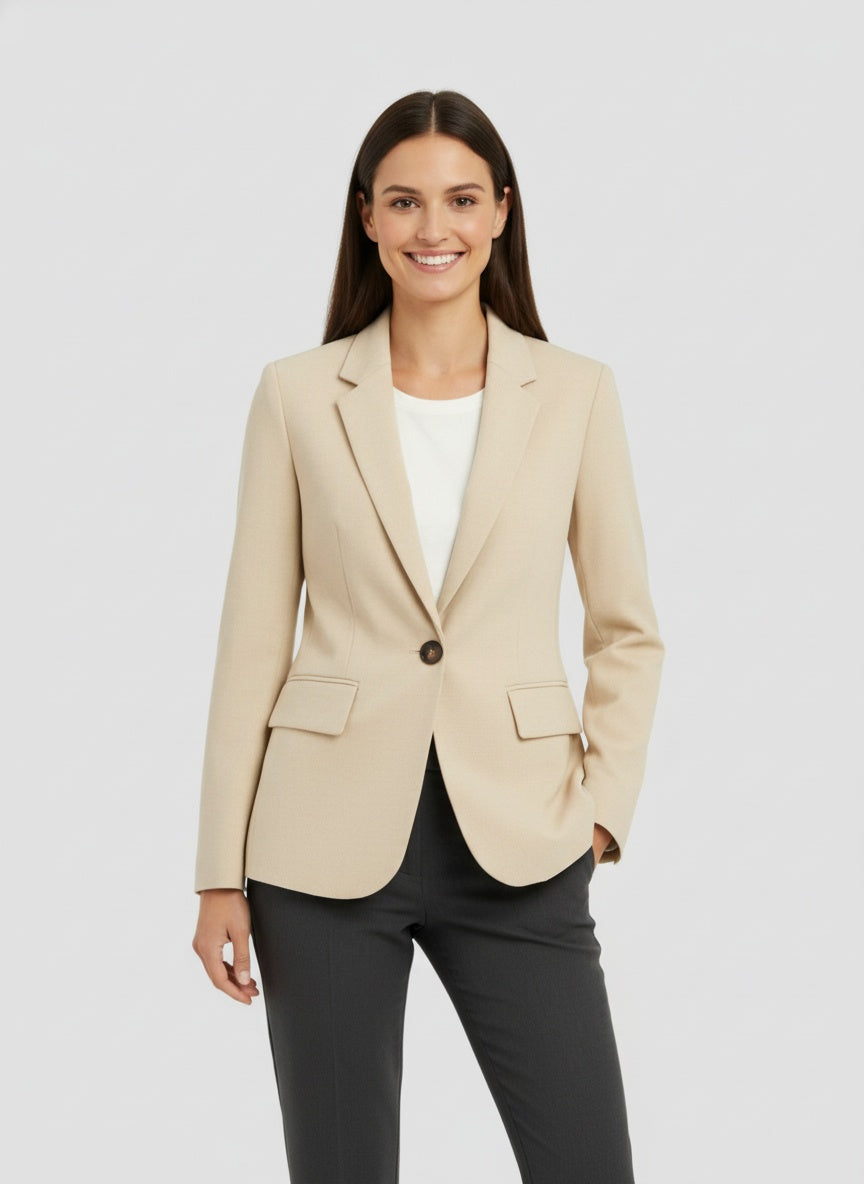 Women's structured blazer one-button closure elegant professional fit minimalist silhouette workwear