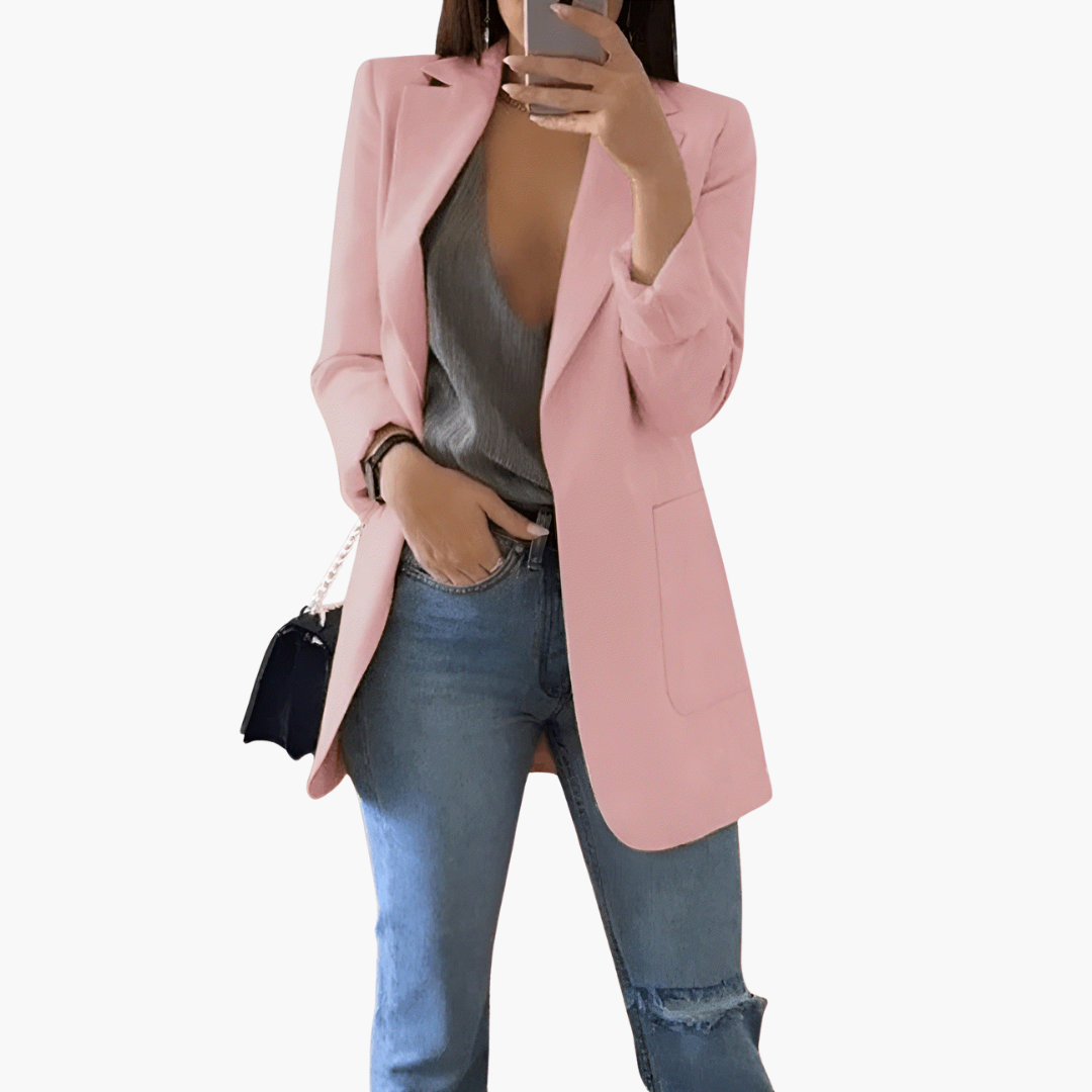 Women's open front blazer with structured lapel, long sleeves, pockets, polished business-casual style