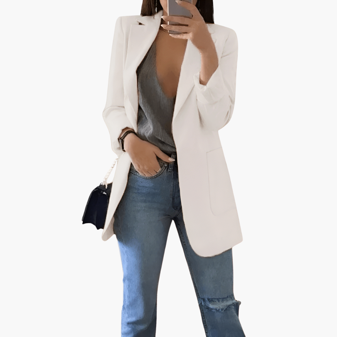 Women's open front blazer structured lapel long sleeves pockets polished professional style