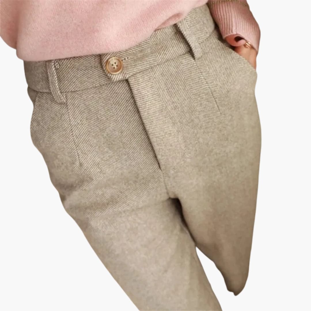 Women's high waist slim leg trousers with front creases, side pockets, and professional tailored fit