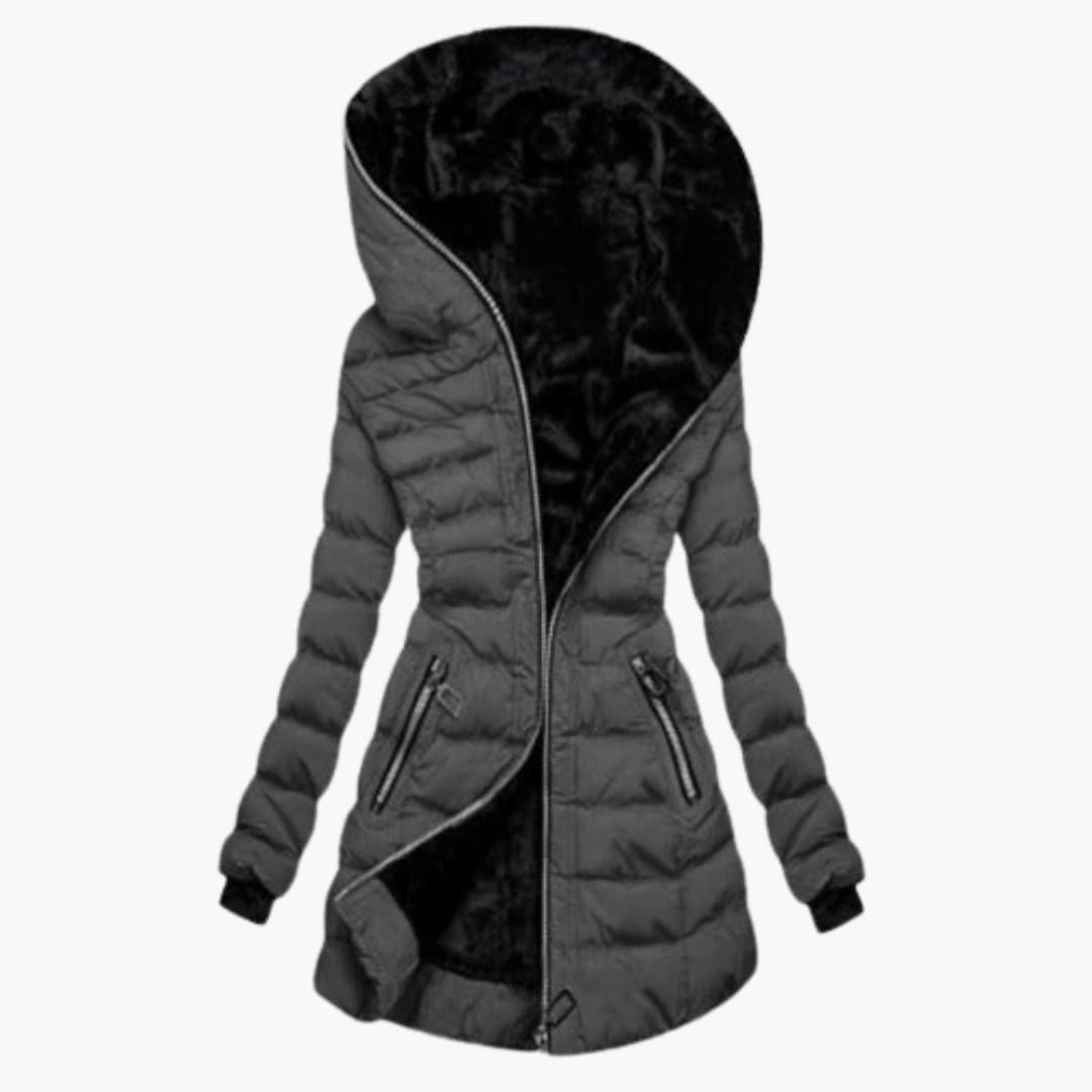 Women's black padded winter jacket asymmetrical zipper lined hood side zip pockets slim fit