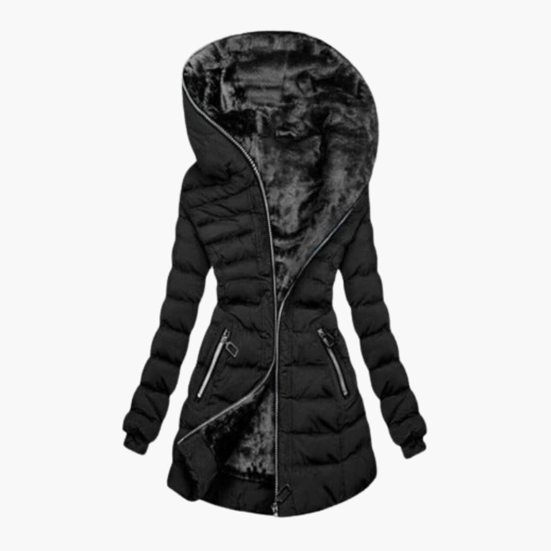 Women's padded jacket asymmetrical zipper lined hood two zip pockets modern urban style