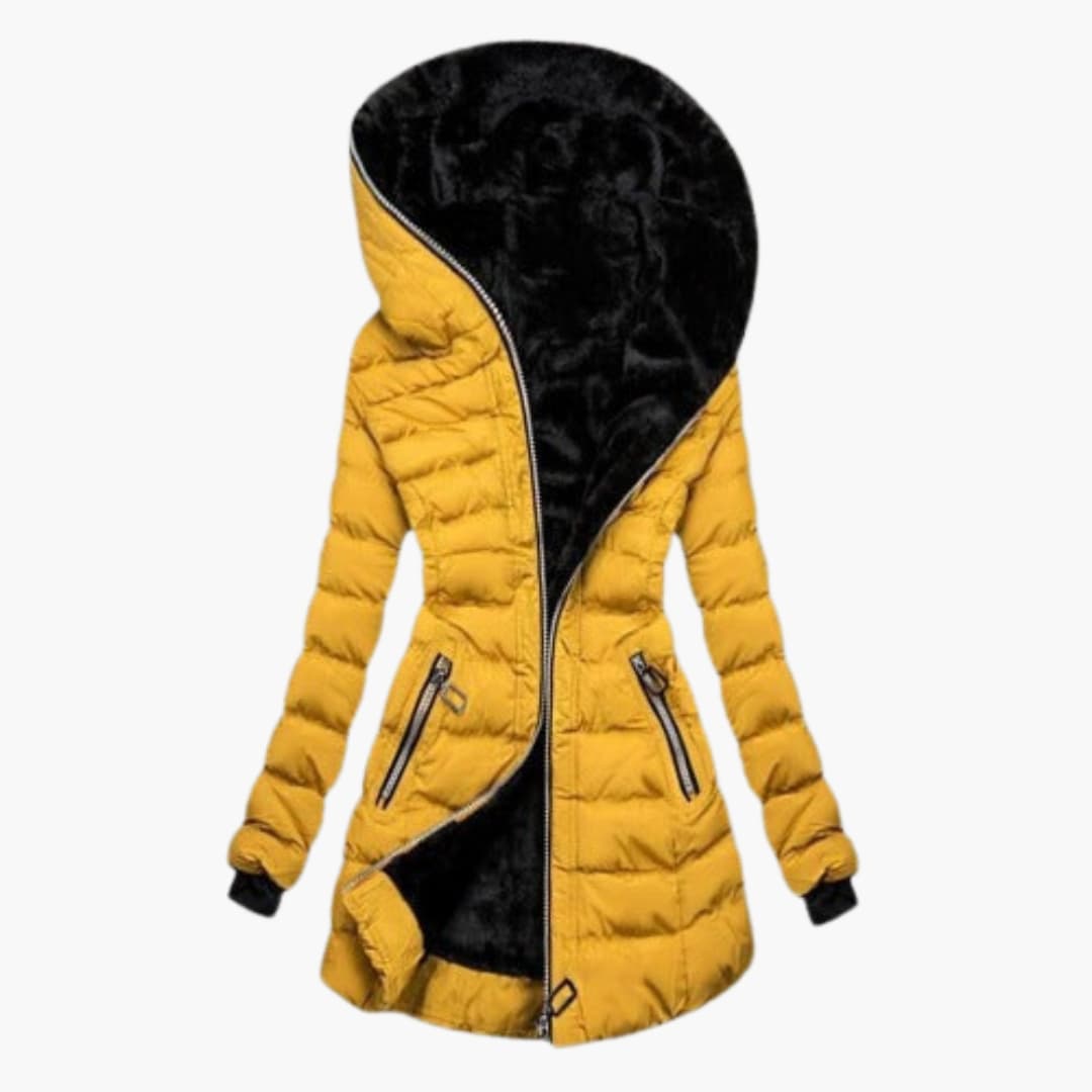 Women's black padded winter jacket asymmetrical zipper lined hood side zip pockets slim fit