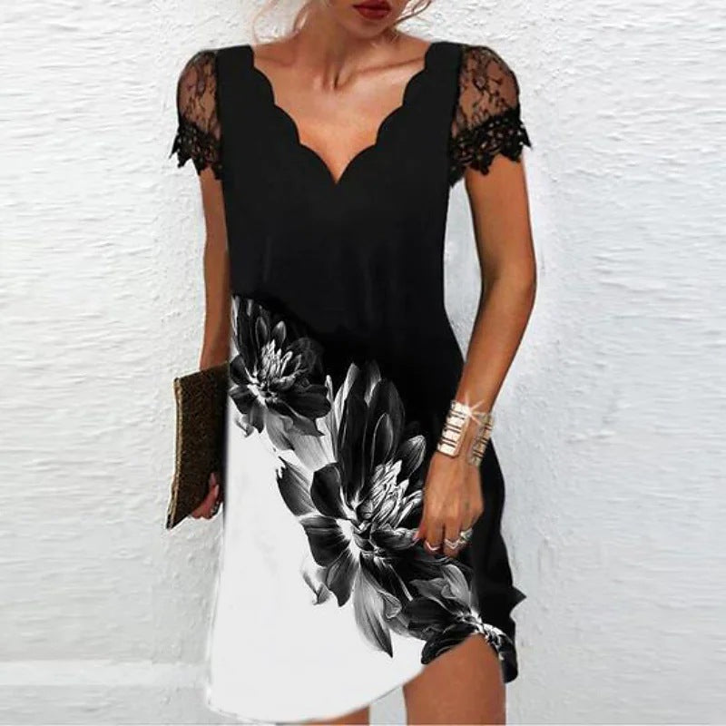 Women's mini dress with scalloped V-neckline, short lace sleeves, flattering fit, day-to-evening style