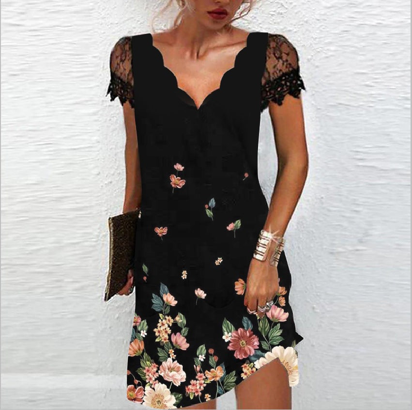 Women's mini dress with scalloped V-neckline, lace short sleeves, flattering fit, day-to-evening style