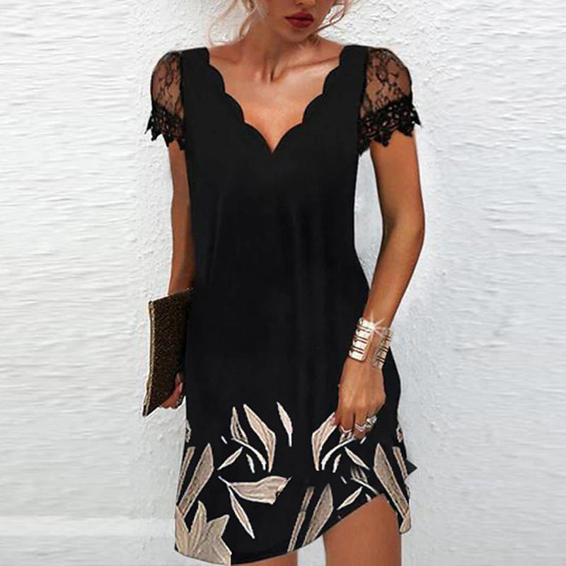 Women's mini dress with scalloped V-neckline, short lace sleeves, flattering fit, day-to-evening style