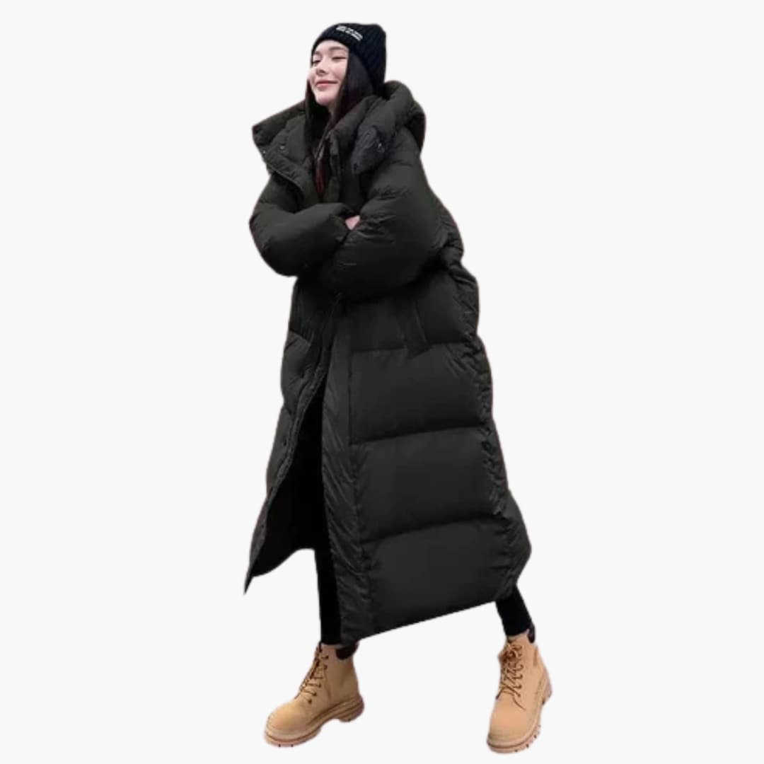Women's long quilted puffer jacket black oversized fit drawstring hood full zip snap placket