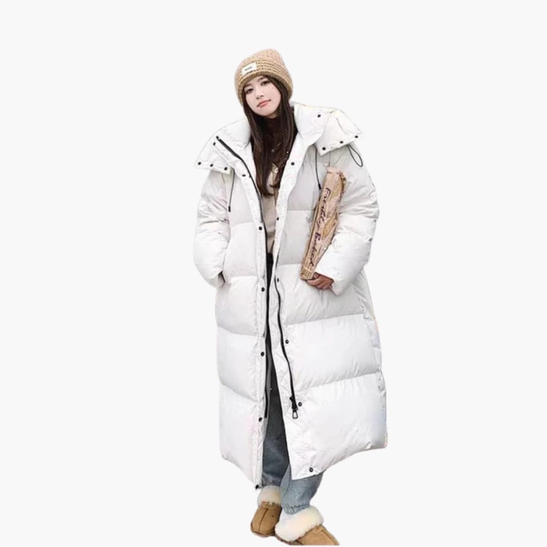 Women's long quilted puffer jacket with drawstring hood, full zip snap placket, oversized fit