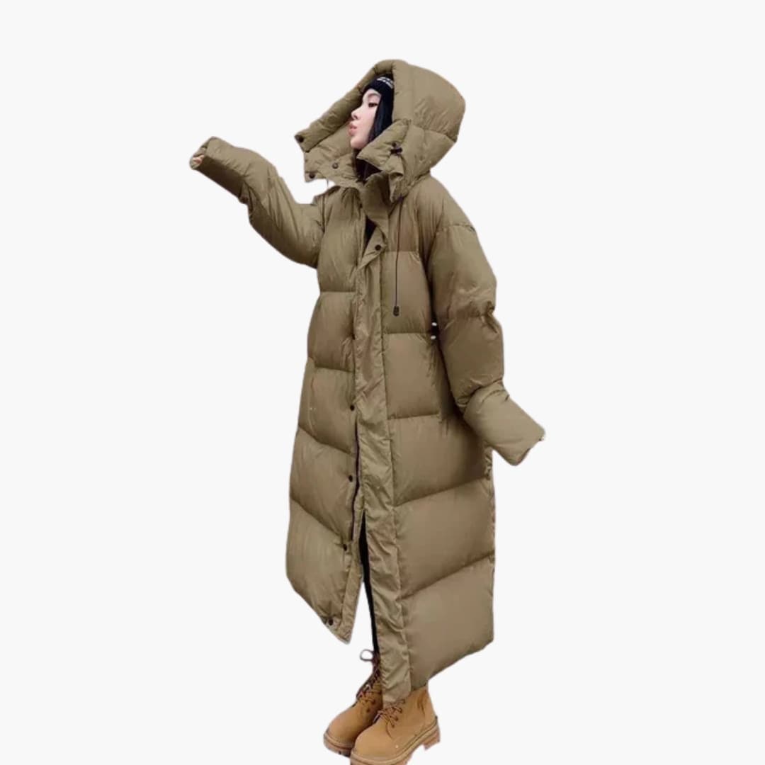 Women's long quilted puffer jacket with drawstring hood, full zip snap placket, oversized fit