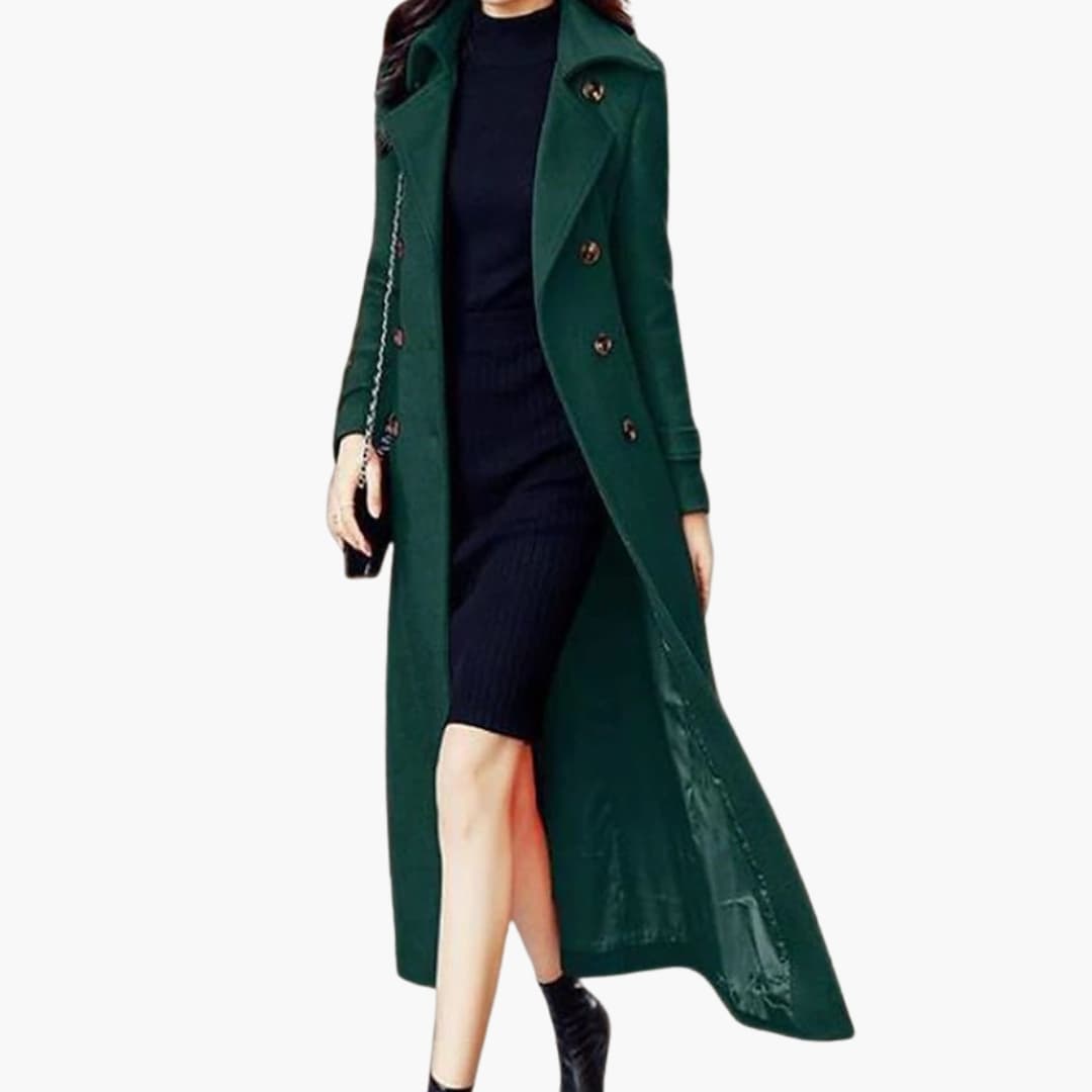 Women's long elegant coat with shawl collar, waist belt, full-length silhouette in classic neutral tone