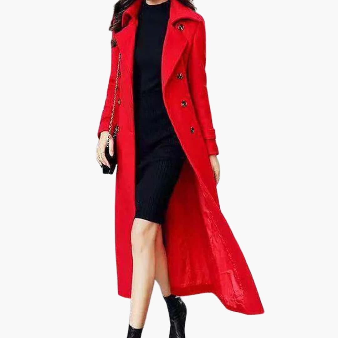 Women's long elegant coat with shawl collar, waist belt, full-length silhouette, classic style
