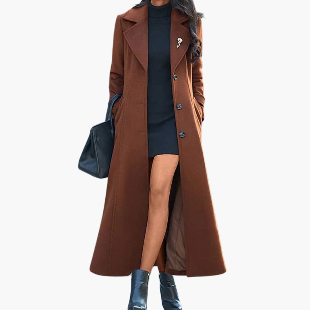 Women's long elegant coat with shawl collar, waist belt, center-button closure, classic full-length silhouette