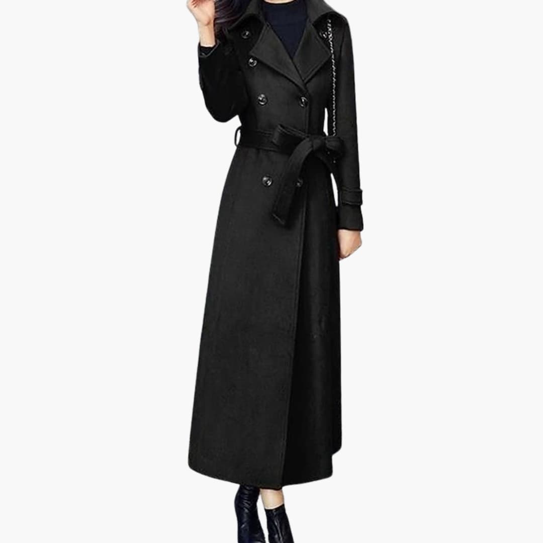 Women's long elegant coat with shawl collar, waist belt, full-length silhouette, classic button closure