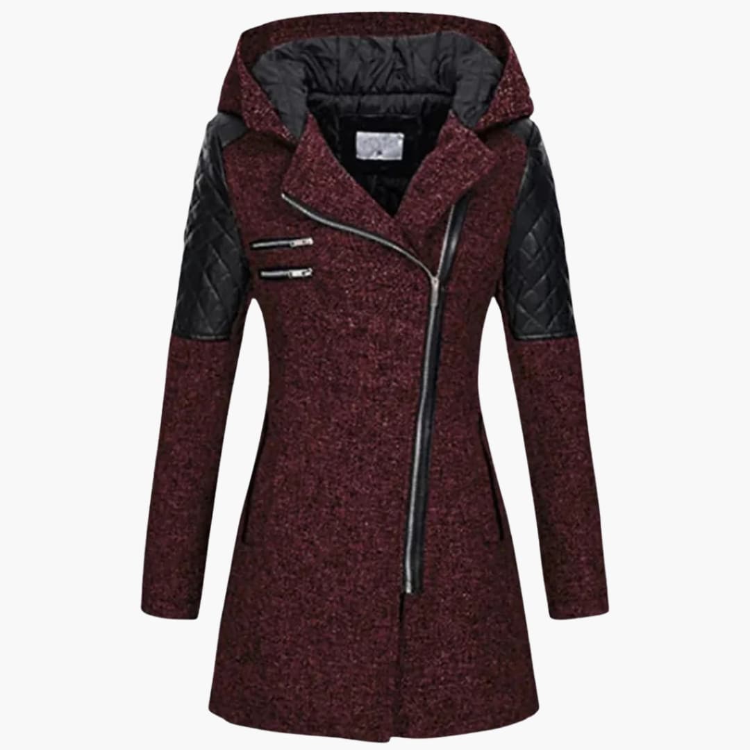 Women's hooded long coat asymmetric zipper two chest zip pockets urban commuter style