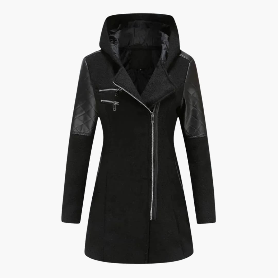 Women's hooded long coat asymmetric zipper two chest zip pockets urban style outerwear