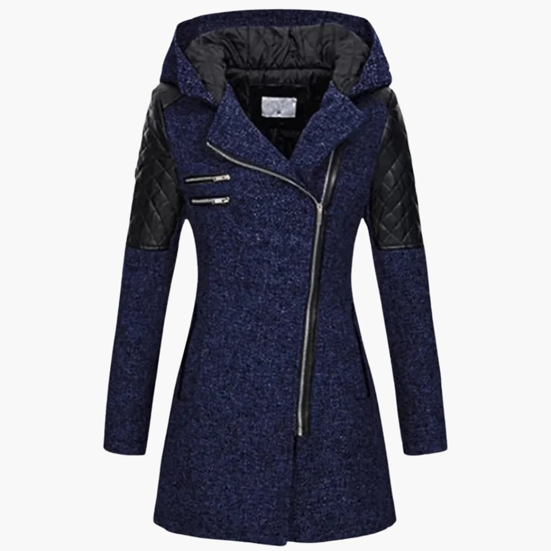 Women's hooded long coat with asymmetric zipper, dual chest zip pockets, urban minimalist style