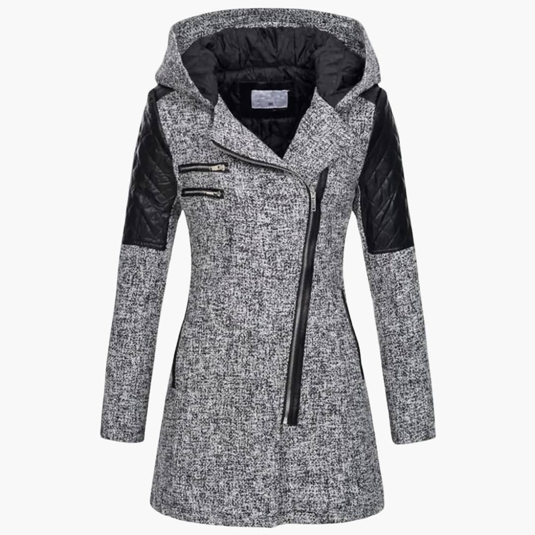 Women's hooded long coat asymmetric zipper two chest zip pockets urban style outerwear
