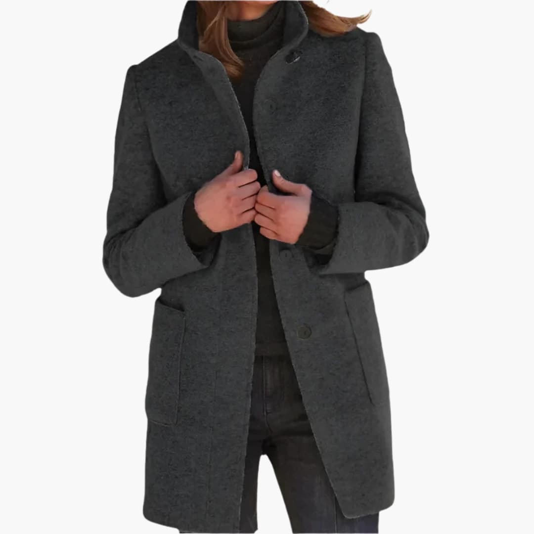 Women's mid-length stand collar coat with front patch pockets, chic everyday outerwear