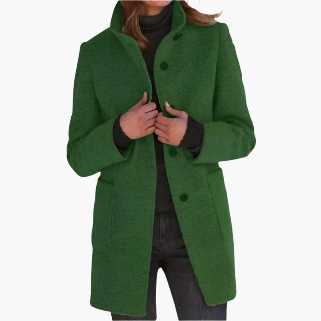 Women's mid-length stand collar coat with front patch pockets, chic everyday outerwear