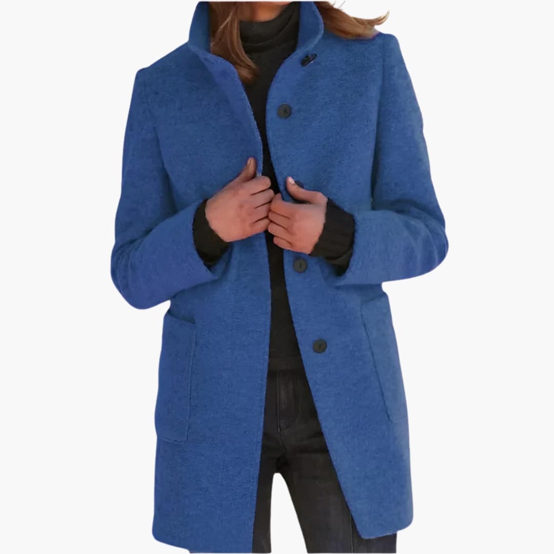 Women's mid-length stand collar coat with front patch pockets, chic structured everyday outerwear