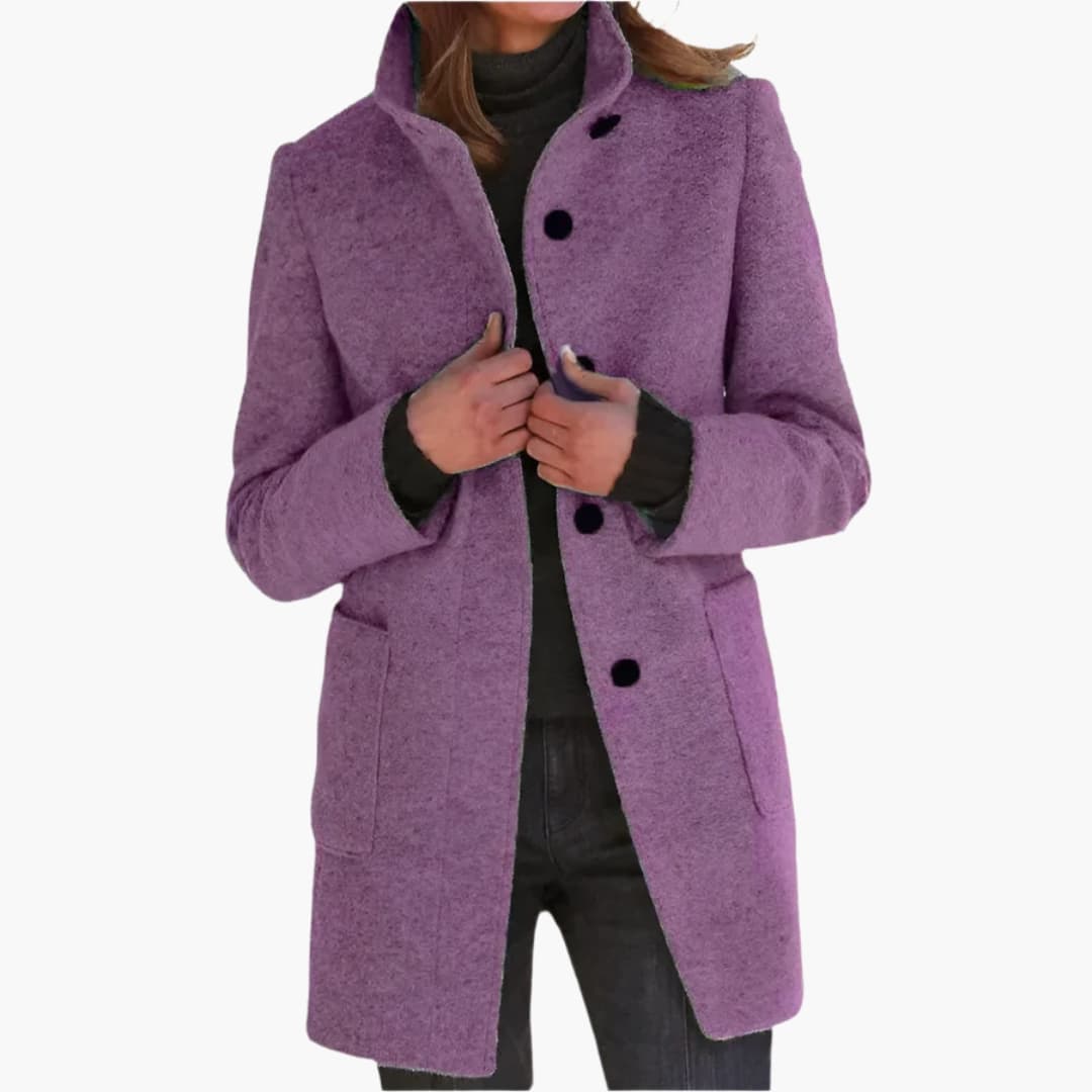 Women's mid-length stand collar coat with front patch pockets, chic everyday outerwear
