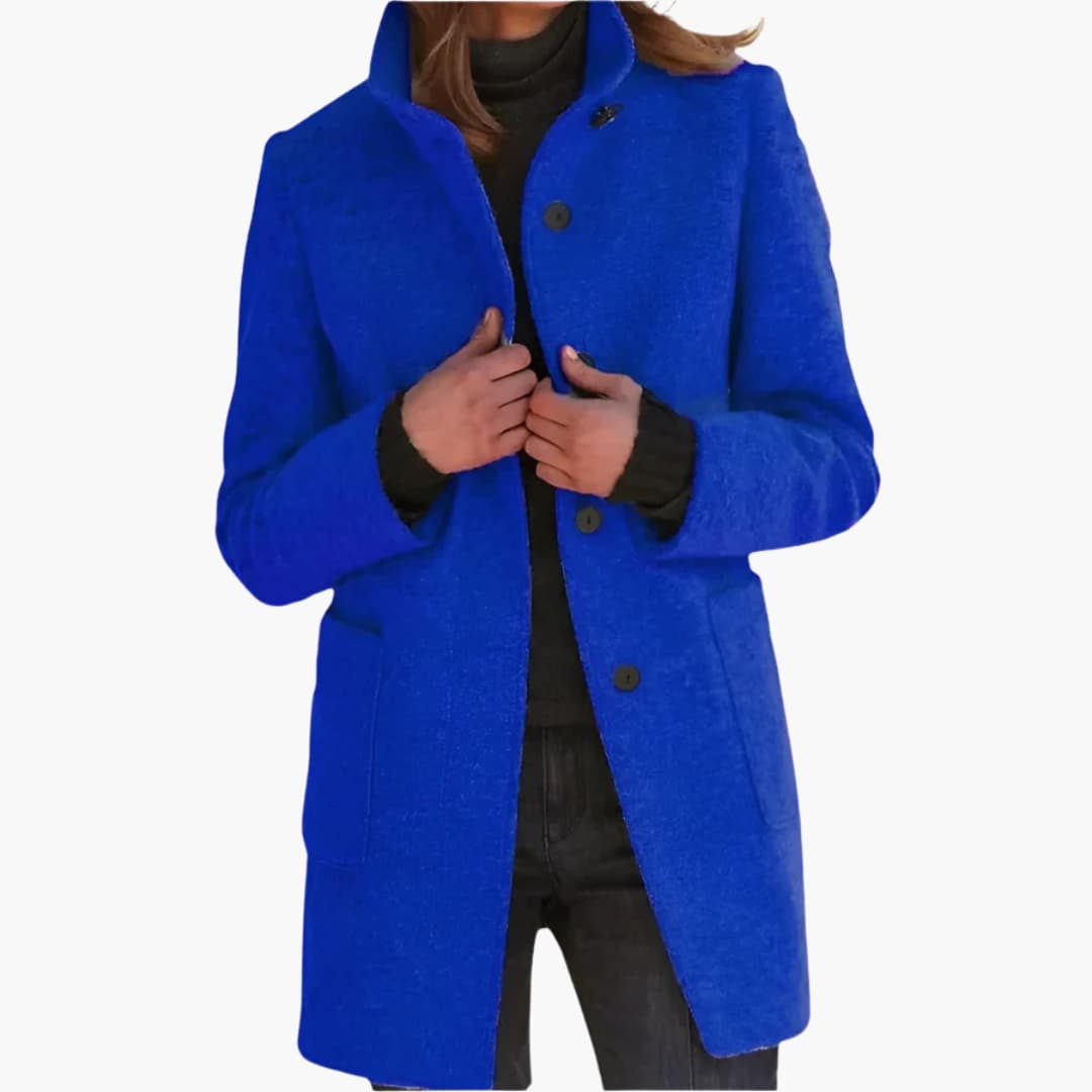 Women's mid-length stand collar coat with front patch pockets, chic structured everyday outerwear