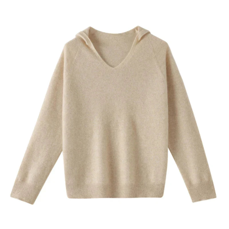 Women's merino wool hooded V-neck sweater in neutral tones, cozy casual fit for autumn winter