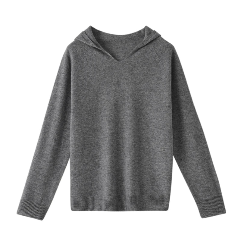 Women's merino wool hooded V-neck sweater in neutral tones, cozy casual fit for fall winter
