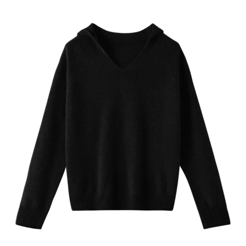 Women's merino wool hooded V-neck sweater in neutral tones, cozy casual fit for autumn winter