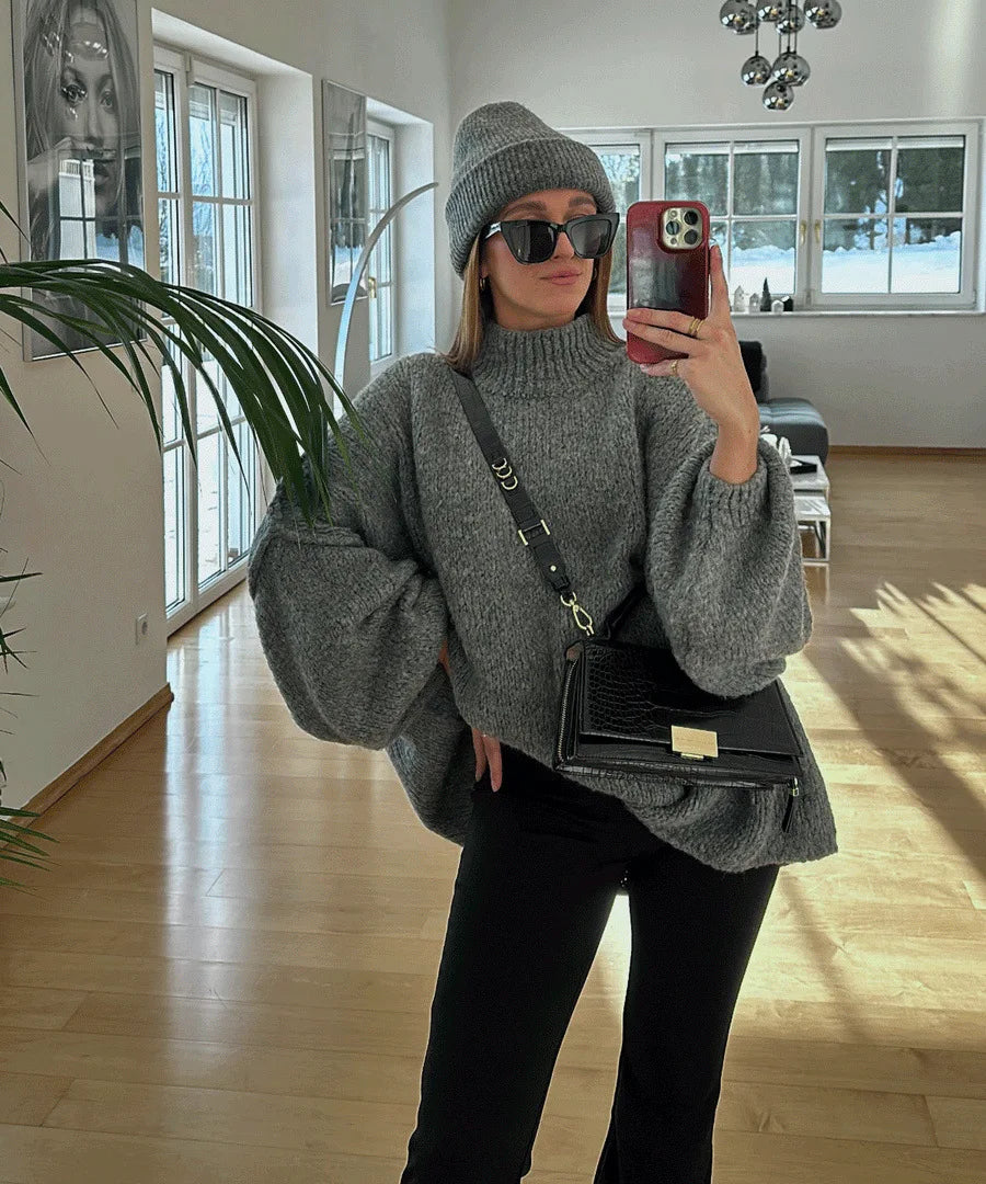 Women's loose fit mock neck sweater in solid color, cozy autumn winter knit with neck coverage