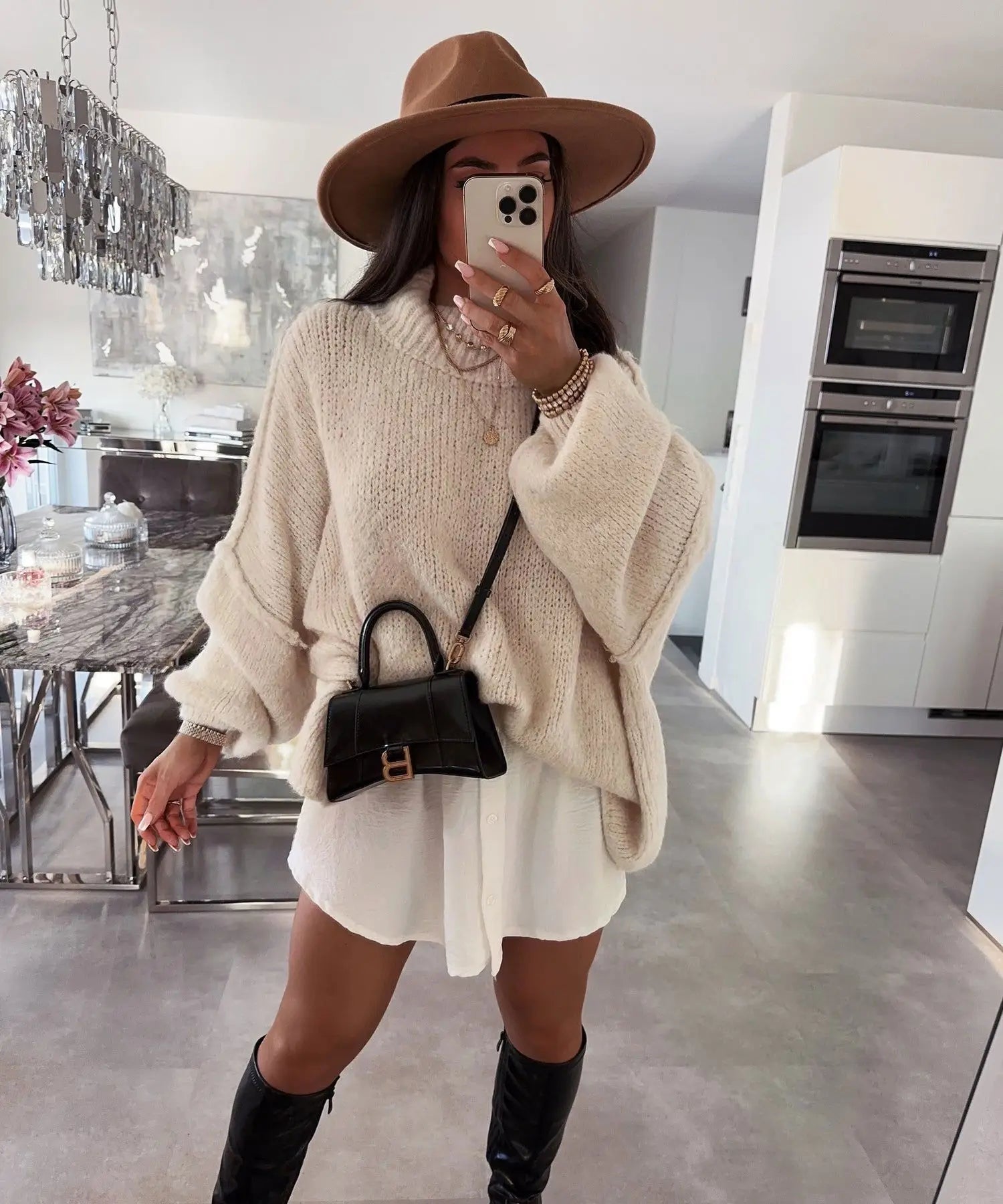 Women's loose fit mock neck sweater in solid color, cozy autumn winter knit with relaxed silhouette