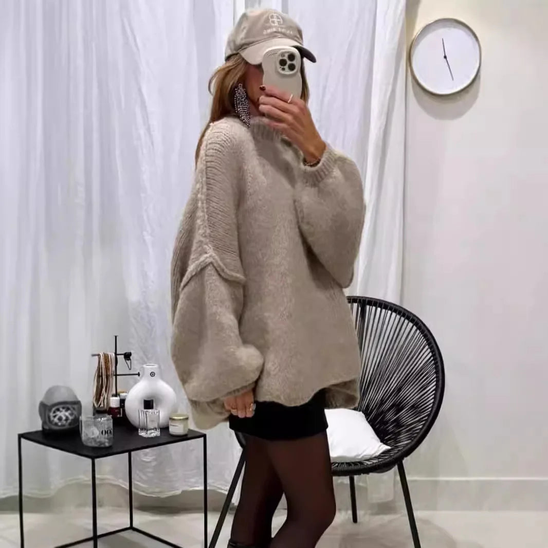 Women's loose fit mock neck sweater in solid color, cozy knit style for autumn winter comfort