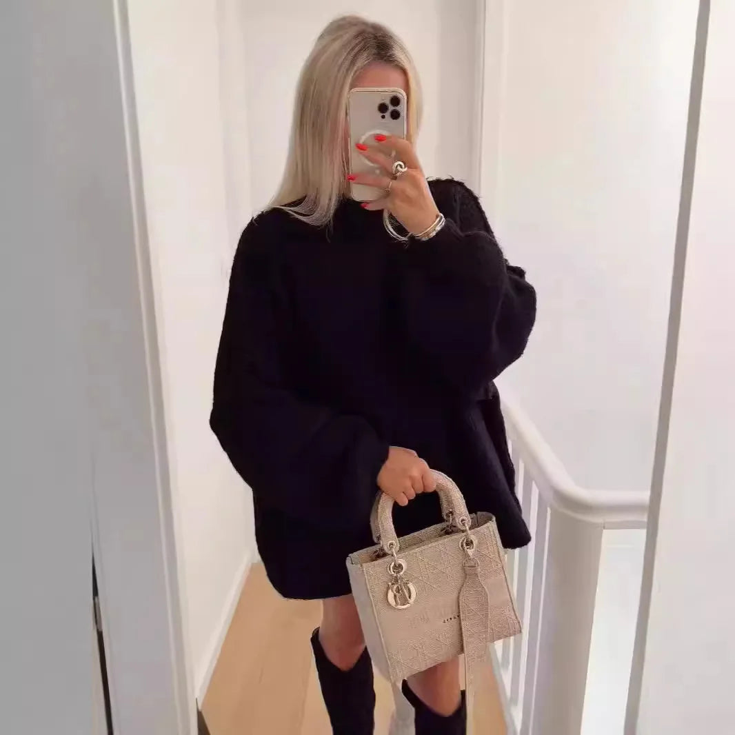 Women's loose fit mock neck sweater in solid color, cozy knit design for autumn winter comfort